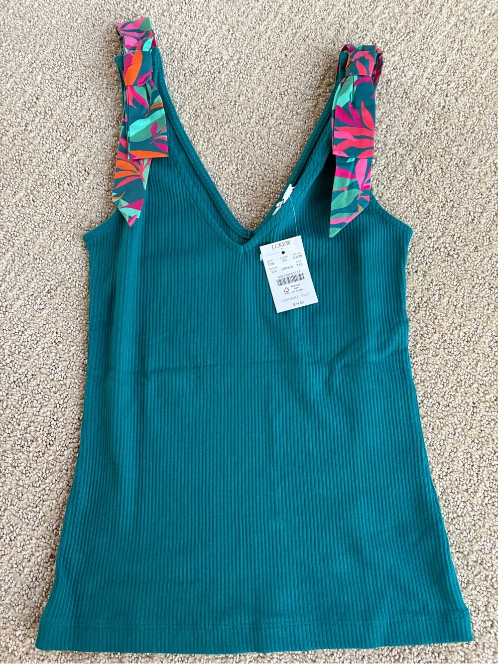 J. Crew Teal Ribbed V-Neck Tank with Tropical Straps